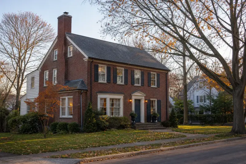 A 1940s brick two-story house with a red brick chimney with a concrete crown and neat mortar joints; illustrative image