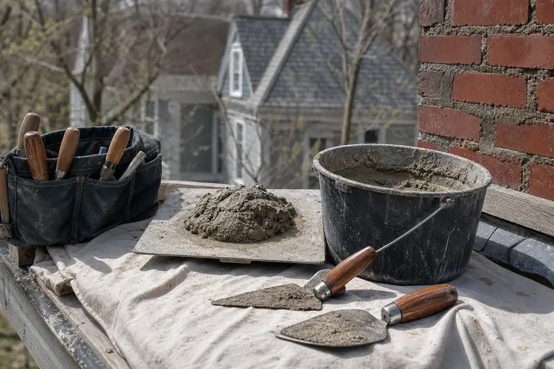 A mortar hawk, trowels and a bucket of mixed mortar set on a roof work platform; illustrative image