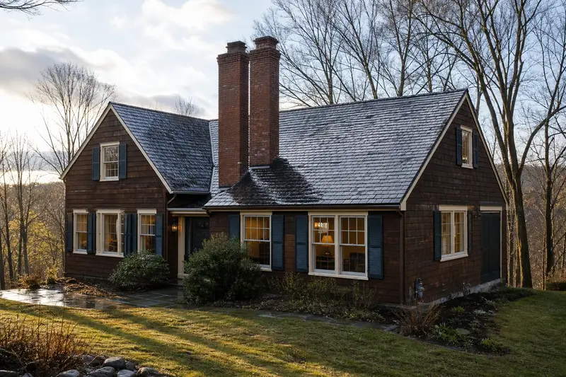 A 1970s cedar-sided contemporary house after a cold rain with a two-flue brick chimney on a slate roof, wet roofs and clear gutters; illustrative image