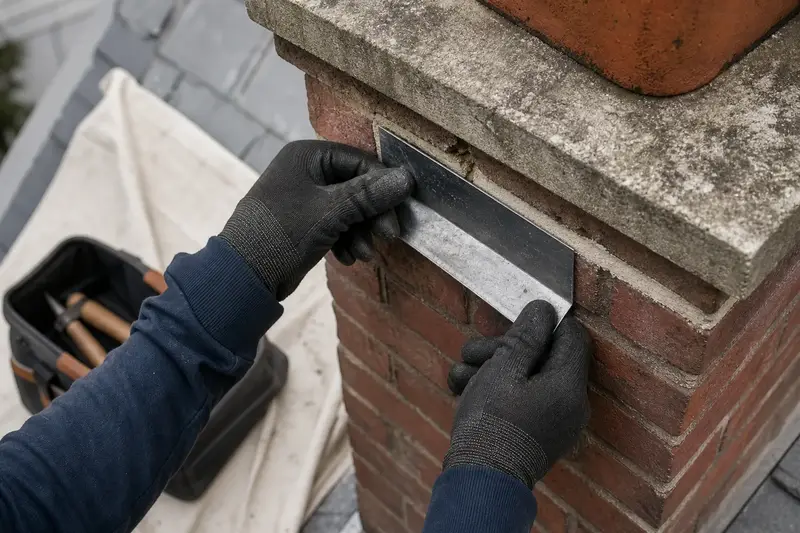 Gloved hands fitting counter-flashing into a mortar joint on a brick chimney; illustrative image