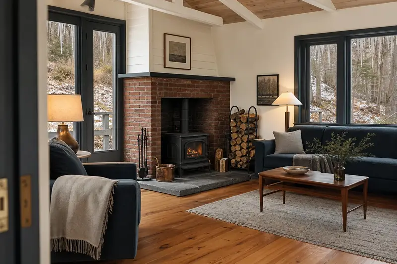 A prepared hearth room with a cast-iron wood stove on a stone hearth pad, seasoned firewood in a rack and a clear hearth; illustrative image