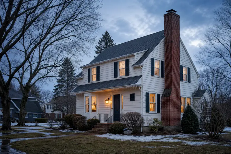 A 1960s two-story suburban house with a tall brick chimney on a steep gable roof and warm windows as the heating season begins; illustrative image