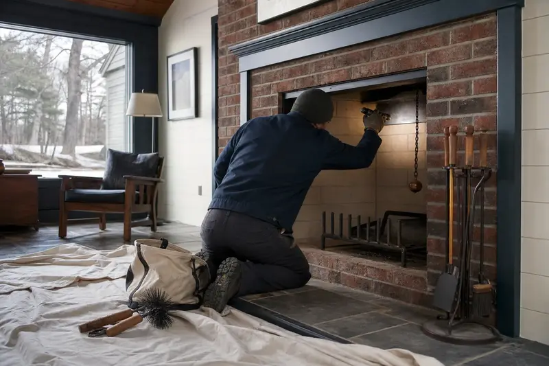 A technician checking the damper of an open masonry wood-burning fireplace by flashlight before winter, the fireplace cold; illustrative image