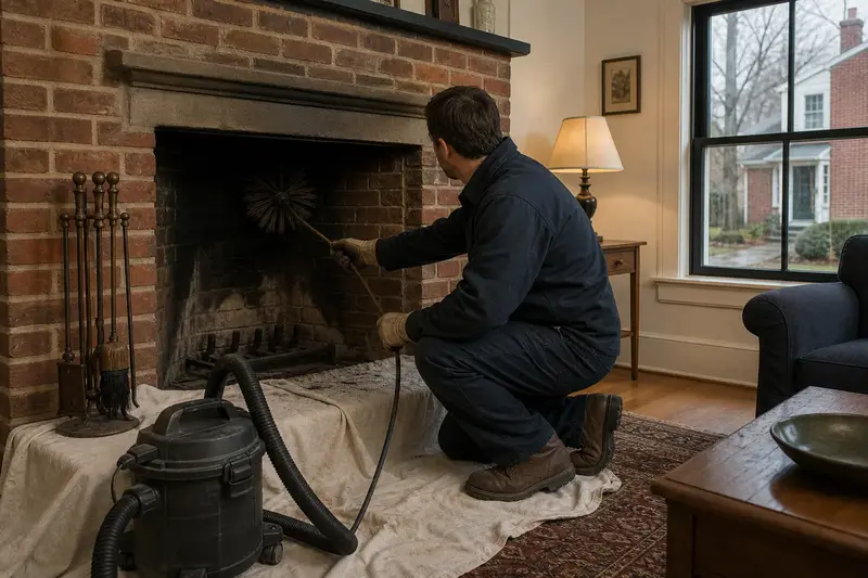 A technician feeding a rotary chimney brush up the flue of an open masonry wood-burning fireplace, drop cloths and a sealed vacuum on the hearth, the fireplace cold and unlit; illustrative image
