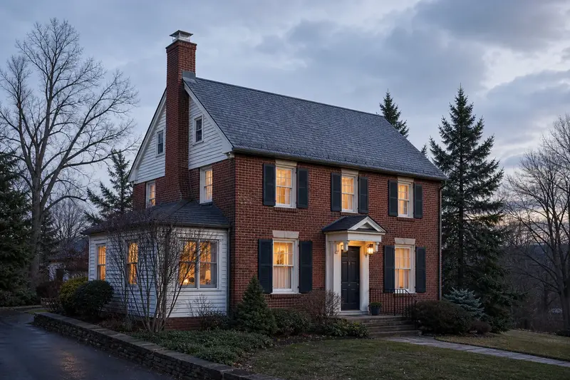 A 1930s brick two-story house with a tall brick chimney on a steep gable roof topped by a new stainless steel cap; illustrative image