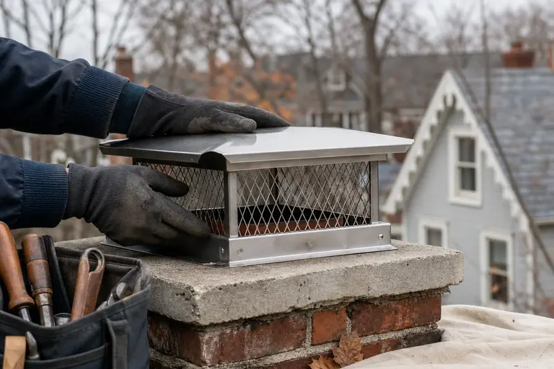 A stainless steel mesh cap seated on a flue above a concrete crown, seen up close; illustrative image