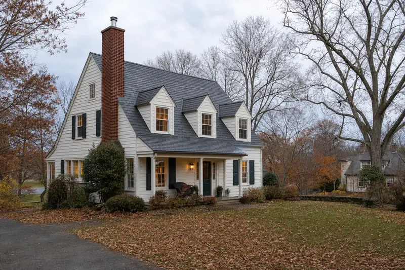 A 1930s steep-gabled frame house with a tall brick chimney on a steep gable roof topped by a stainless steel cap; illustrative image