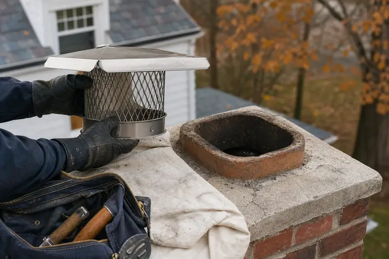 A stainless steel mesh cap waiting beside an open flue on a chimney crown; illustrative image
