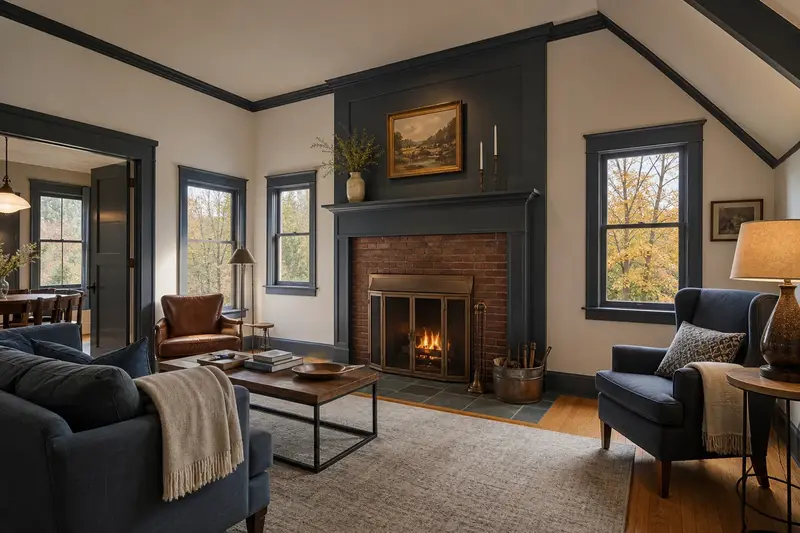 A living room with an open masonry wood-burning fireplace and a small fire behind a screen, no one present; illustrative image