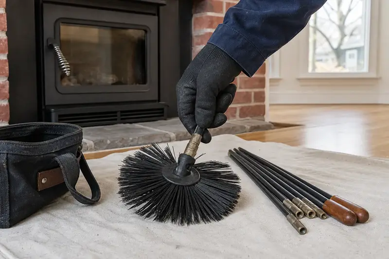 A rotary brush head and flexible rods laid on a canvas drop cloth beside a wood-burning insert in a brick opening; illustrative image