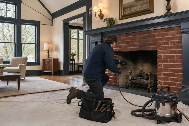 A technician guiding an inspection camera into the firebox of a vented gas log set in a masonry firebox, the fireplace cold and unlit; illustrative image