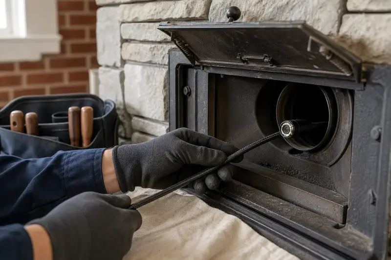 An inspection camera head on a flexible cable at the damper opening of a factory-built wood-burning fireplace with a stone facing; illustrative image