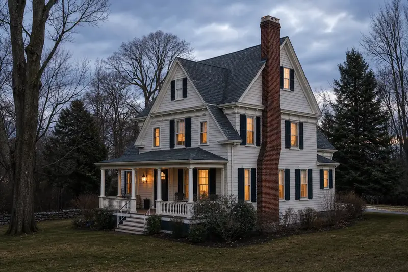A 1930s Victorian frame house with a tall brick chimney on a steep gable roof and neat, even mortar joints; illustrative image