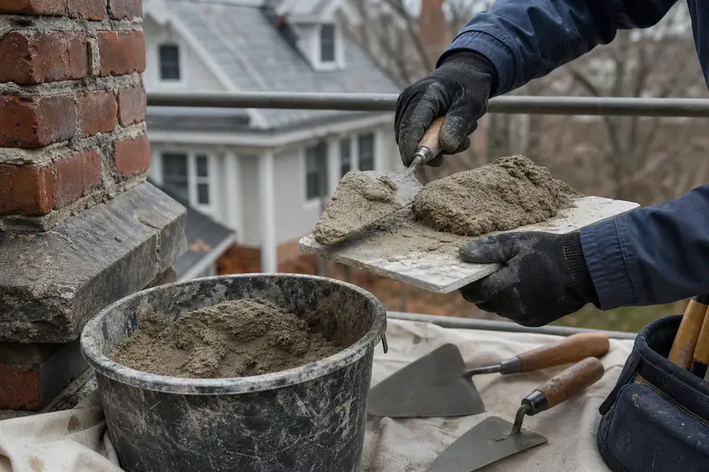 A mortar hawk, trowels and a bucket of mixed mortar set on a roof work platform; illustrative image
