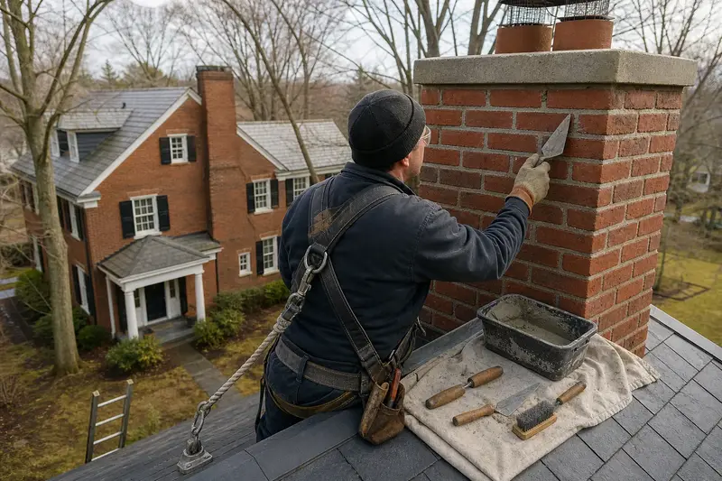 A harnessed mason repointing mortar joints on a red brick chimney with a concrete crown with a pointing trowel; illustrative image