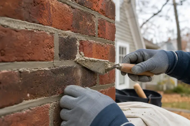 Gloved hands pressing fresh mortar into a raked joint with a tuckpointing trowel; illustrative image