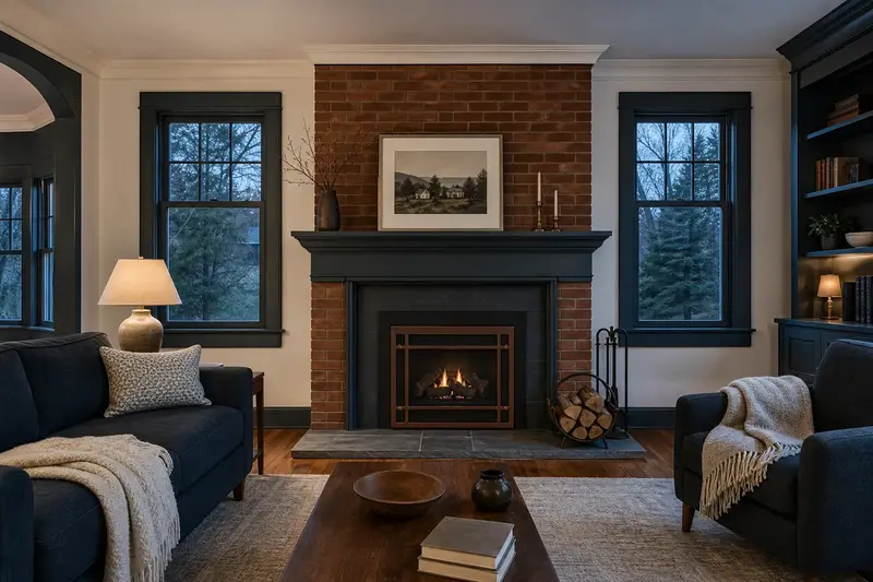 A lived-in family room with a direct-vent gas fireplace, seasoned firewood and wool throws; illustrative image