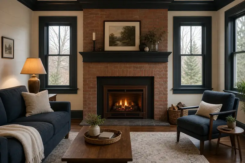 A warm living room with a gas insert set in a brick opening glowing softly behind its glass, no one present; illustrative image