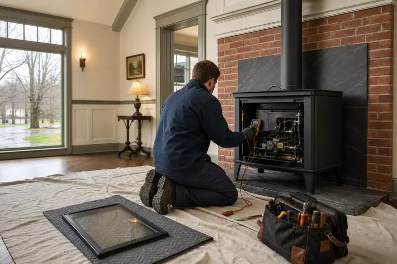 A technician kneeling at a freestanding gas stove with the glass front removed, testing the controls with a multimeter; illustrative image