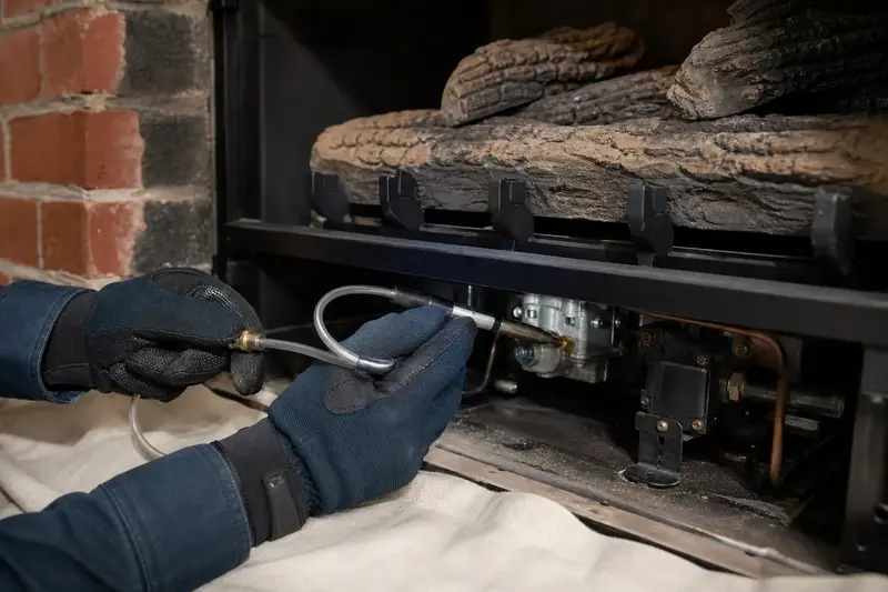 Gloved hands holding a manometer probe at the gas valve beneath a vented gas log set in a masonry firebox; illustrative image