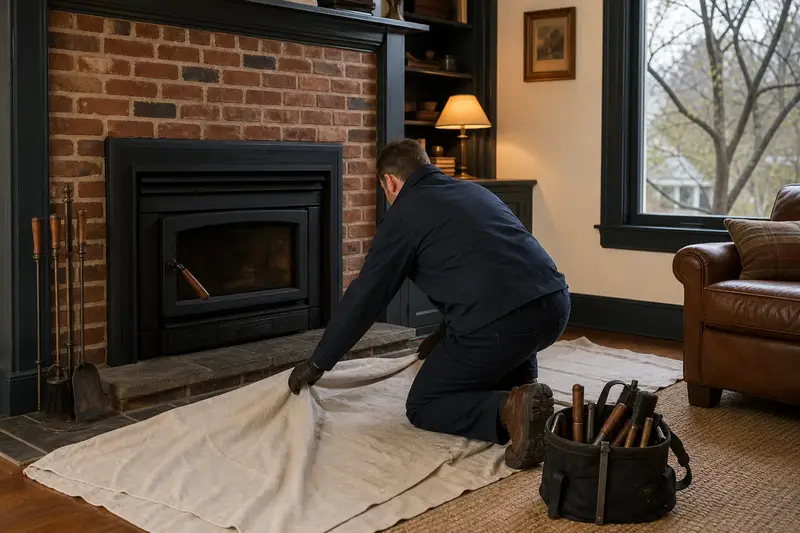 A technician laying drop cloths before servicing a wood-burning insert in a brick opening, the fireplace cold; illustrative image