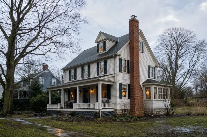 A 1930s Victorian frame house after steady rain with a red brick chimney with a concrete crown and a stainless steel cap; illustrative image
