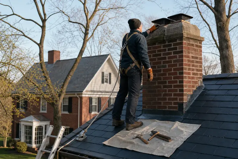 A harnessed technician examining the crown and cap of a two-flue brick chimney on a slate roof from a dry roof; illustrative image