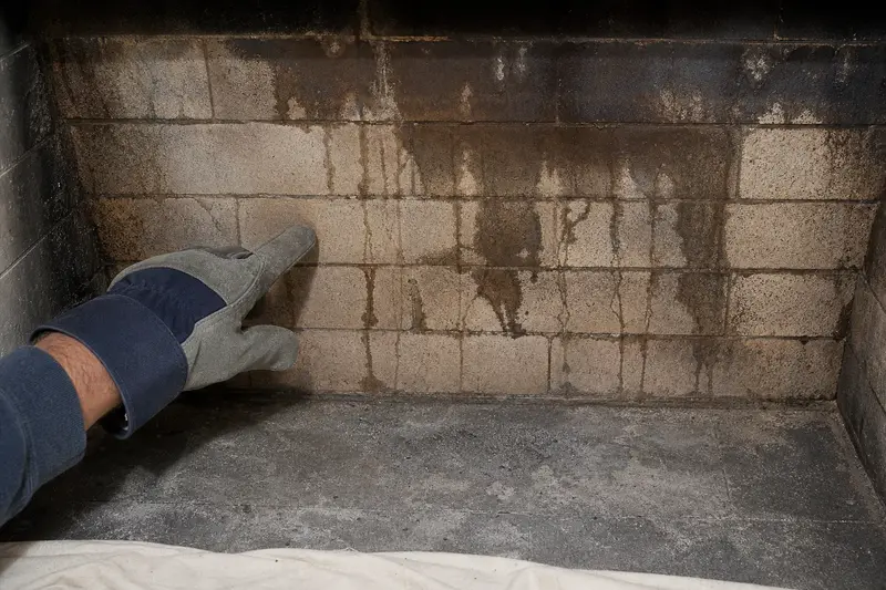 Water staining on the firebrick of a cold fireplace, seen up close; illustrative image