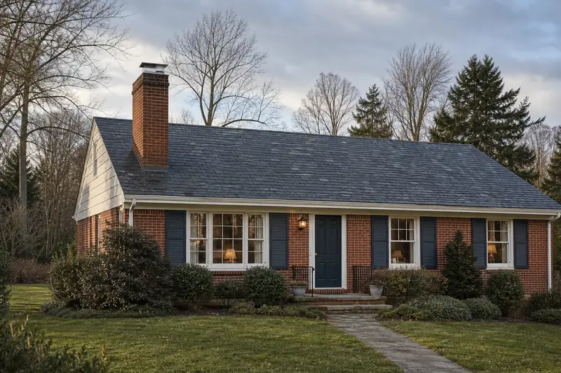 A 1960s brick-front ranch house with a tall brick chimney on a steep gable roof topped by a new stainless steel cap; illustrative image