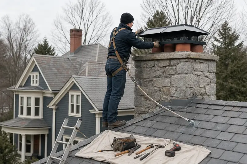 A harnessed technician fastening a multi-flue cap over the crown of a stone masonry chimney; illustrative image