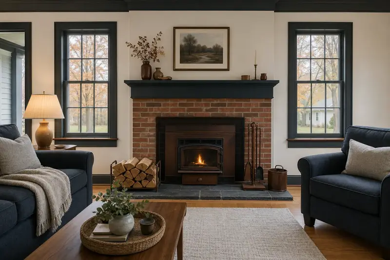 A tidy hearth room with a wood-burning insert in a brick opening, a cleared hearth, fireplace tools and split firewood; illustrative image