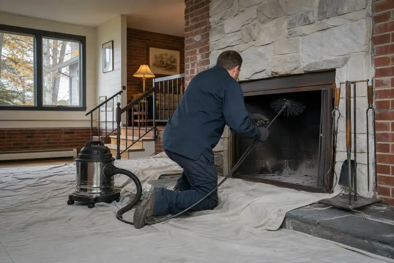 A technician feeding a rotary chimney brush up the flue of a factory-built wood-burning fireplace with a stone facing, drop cloths and a sealed vacuum on the hearth; illustrative image