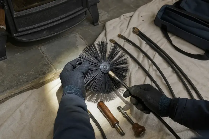 A rotary brush head and flexible rods laid on a canvas drop cloth beside a cast-iron wood stove on a stone hearth pad; illustrative image