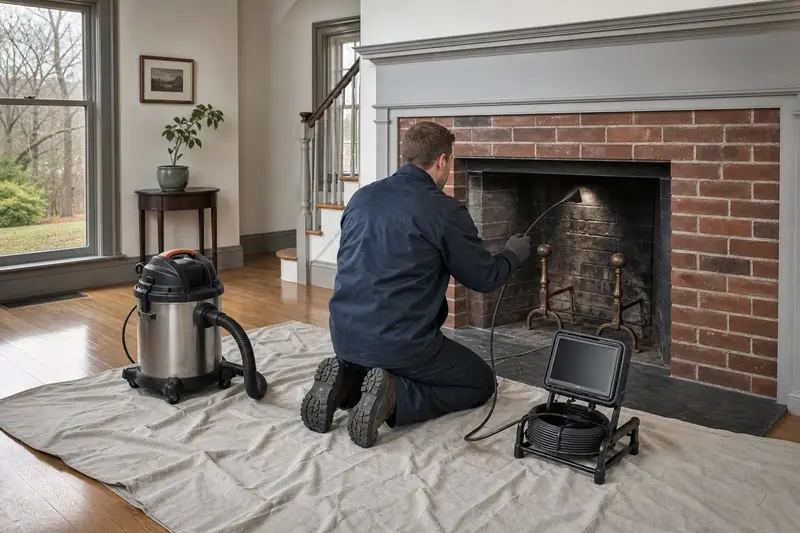 A technician guiding an inspection camera into the firebox of an open masonry wood-burning fireplace, the fireplace cold and unlit; illustrative image