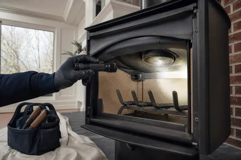 A flashlight beam across the smoke chamber and damper of a freestanding gas stove, a gloved hand holding the light; illustrative image