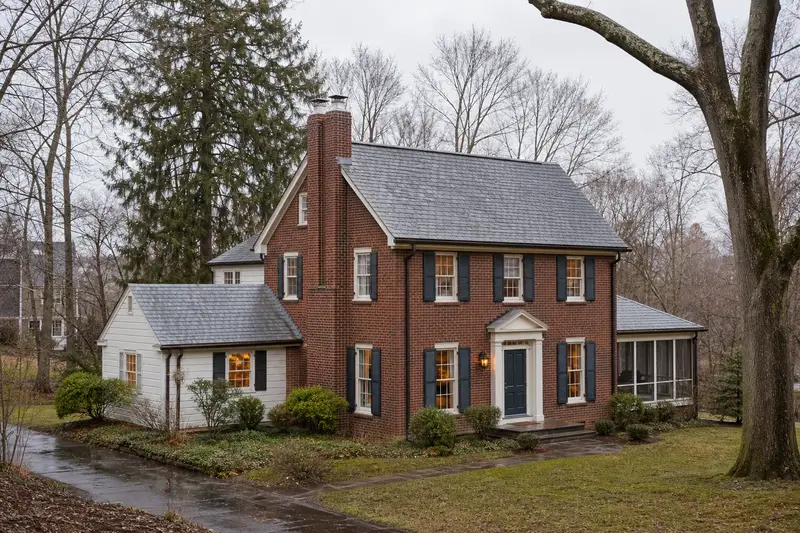 A 1920s brick two-story house with a two-flue brick chimney on a slate roof fitted with a stainless steel liner cap; illustrative image
