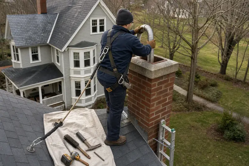 A harnessed technician guiding a flexible stainless steel liner down into the flue at the top of a red brick chimney with a concrete crown; illustrative image