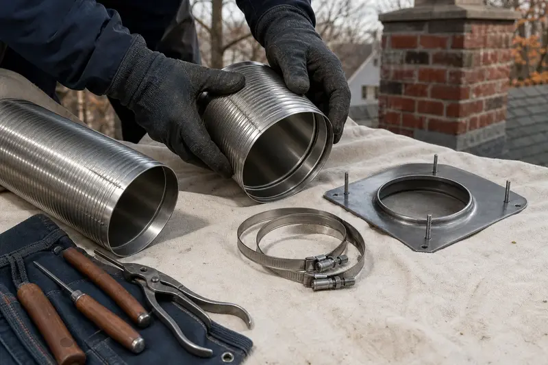 Sections of stainless steel flue liner, clamps and a top plate arranged on a canvas tarp; illustrative image