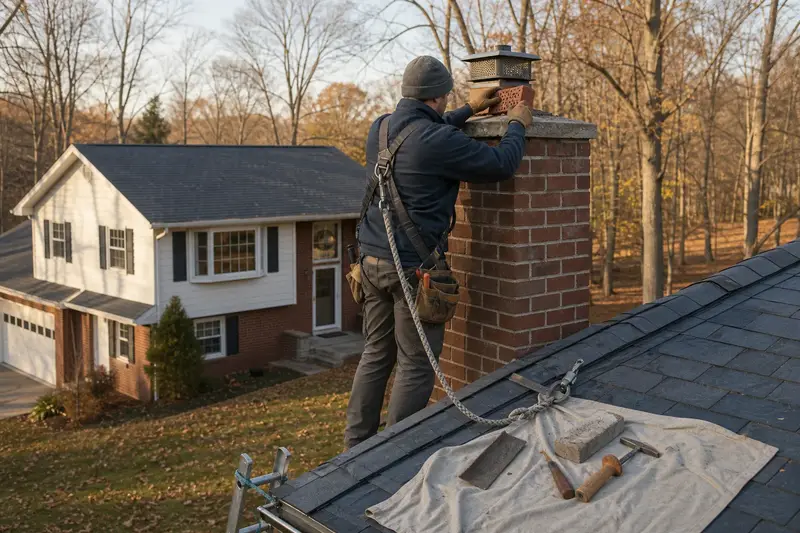 A harnessed mason setting a replacement brick near the top of a tall brick chimney on a steep gable roof; illustrative image