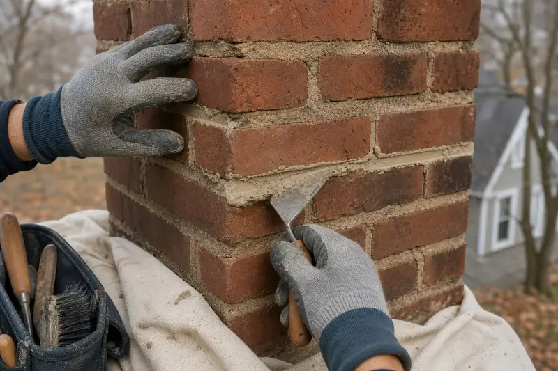 Gloved hands pressing fresh mortar into a raked joint with a tuckpointing trowel; illustrative image