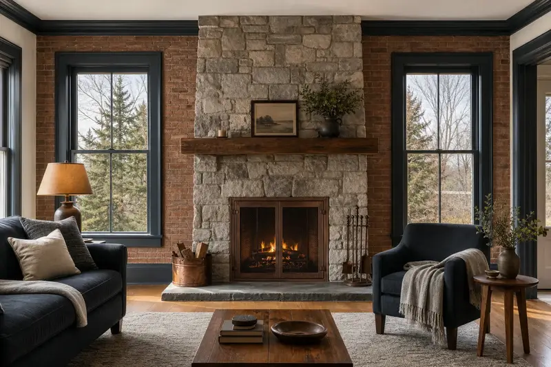 A remodeled living room with an open masonry wood-burning fireplace framed by a floor-to-ceiling stone surround; illustrative image