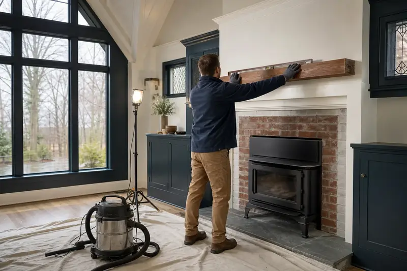 An installer leveling a new wood mantel above a freestanding gas stove; illustrative image