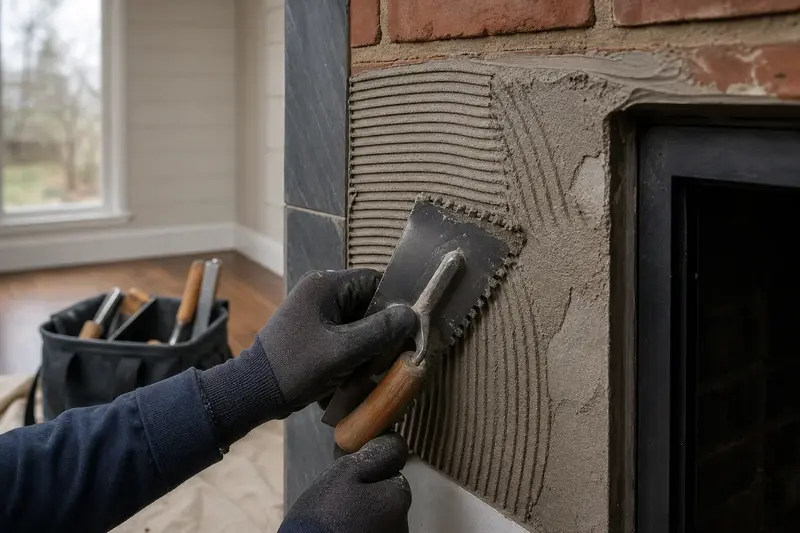 Gloved hands spreading thinset on a fireplace surround before a tile is set; illustrative image