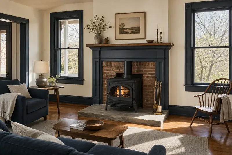 A restored hearth room with a cast-iron wood stove on a stone hearth pad, a clean hearth and brass fireplace tools; illustrative image