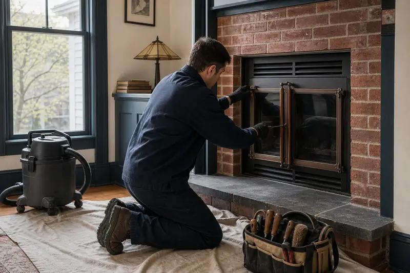 A technician adjusting the glass doors of a wood-burning insert in a brick opening with a hand tool, the fireplace unlit; illustrative image