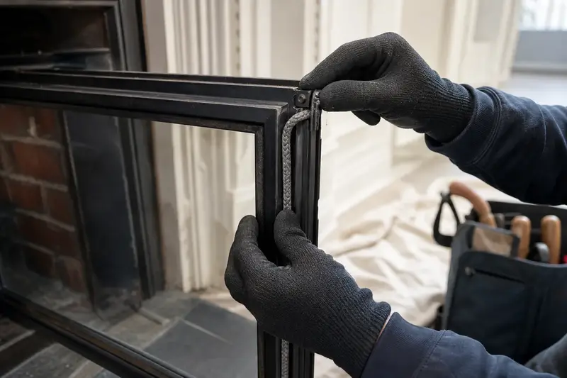 Gloved hands fitting new gasket rope along a fireplace door frame; illustrative image