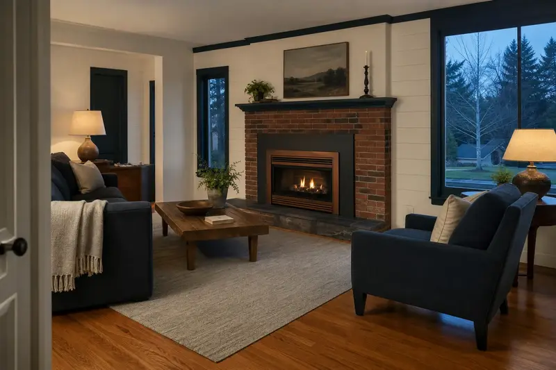 A warm living room with a direct-vent gas fireplace glowing softly behind its glass, no one present; illustrative image