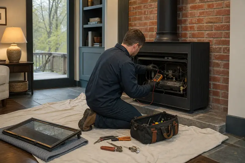 A technician kneeling at a freestanding gas stove with the glass front removed, testing the controls with a multimeter; illustrative image