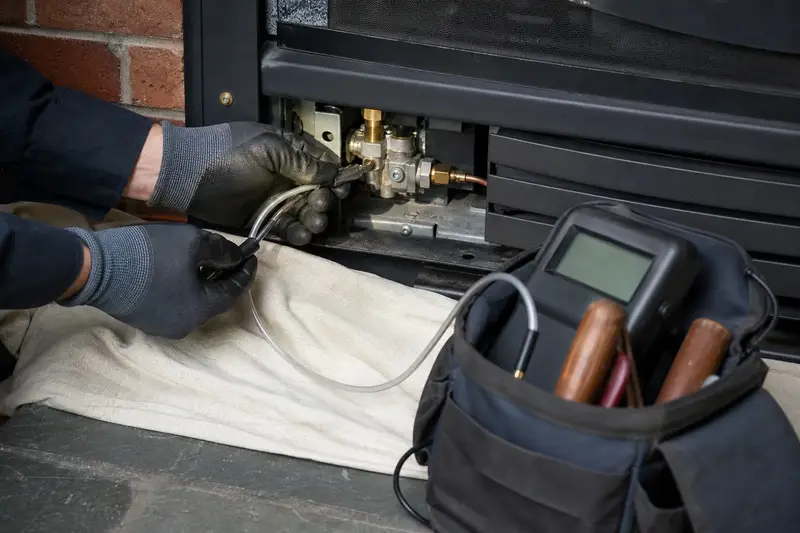 Gloved hands holding a manometer probe at the gas valve beneath a gas insert set in a brick opening; illustrative image