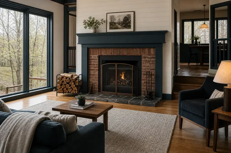 A hearth room with an open masonry wood-burning fireplace, split firewood in a steel rack and a clear hearth; illustrative image